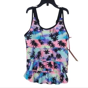 JUSTICE Tropical Palm Tree Tankini Swim Top Size S (7/8) UPF 50+